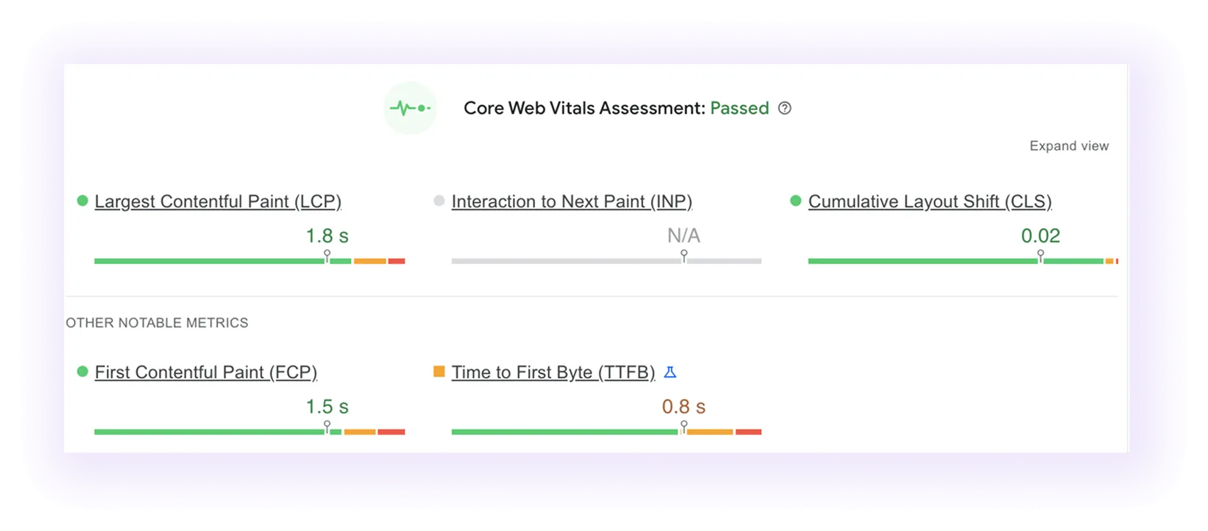 Core Web Vitals assessment passes result for a solar company website