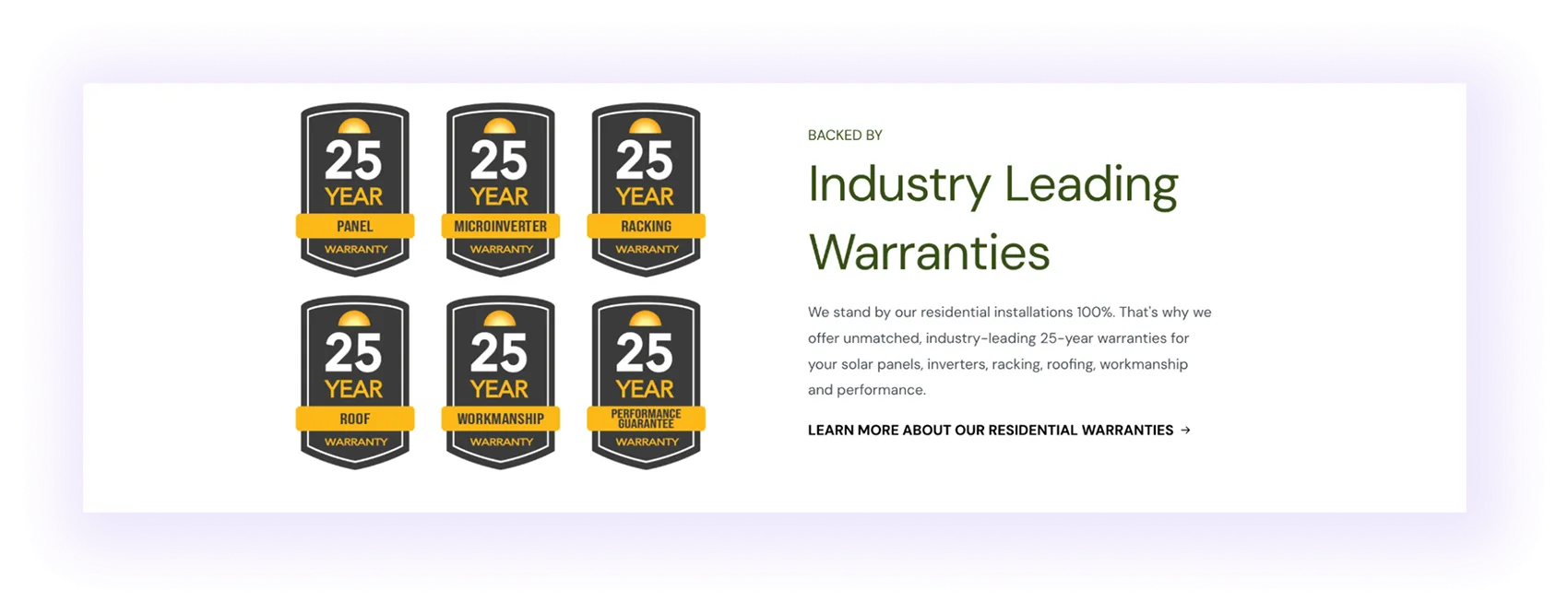 warranties block on a solar company website