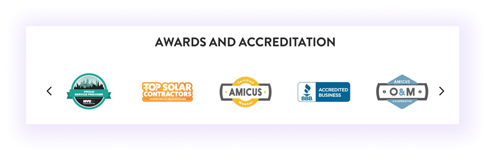 awards and accreditations block on a solar company website