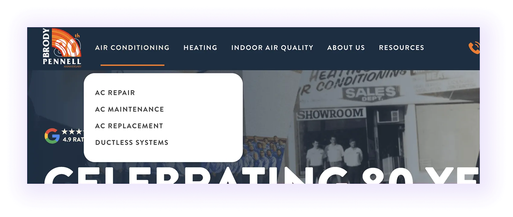 hvac company website navigation bar with separate “heating” and “air conditioning” sections with drop-down subpages