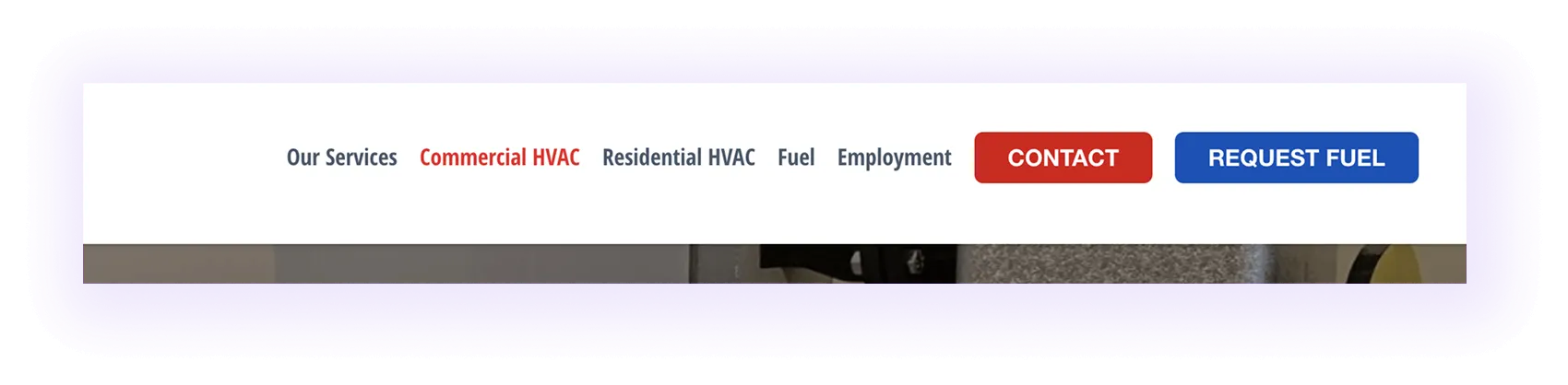 residential and commercial hvac service items on an hvac website navigation bar