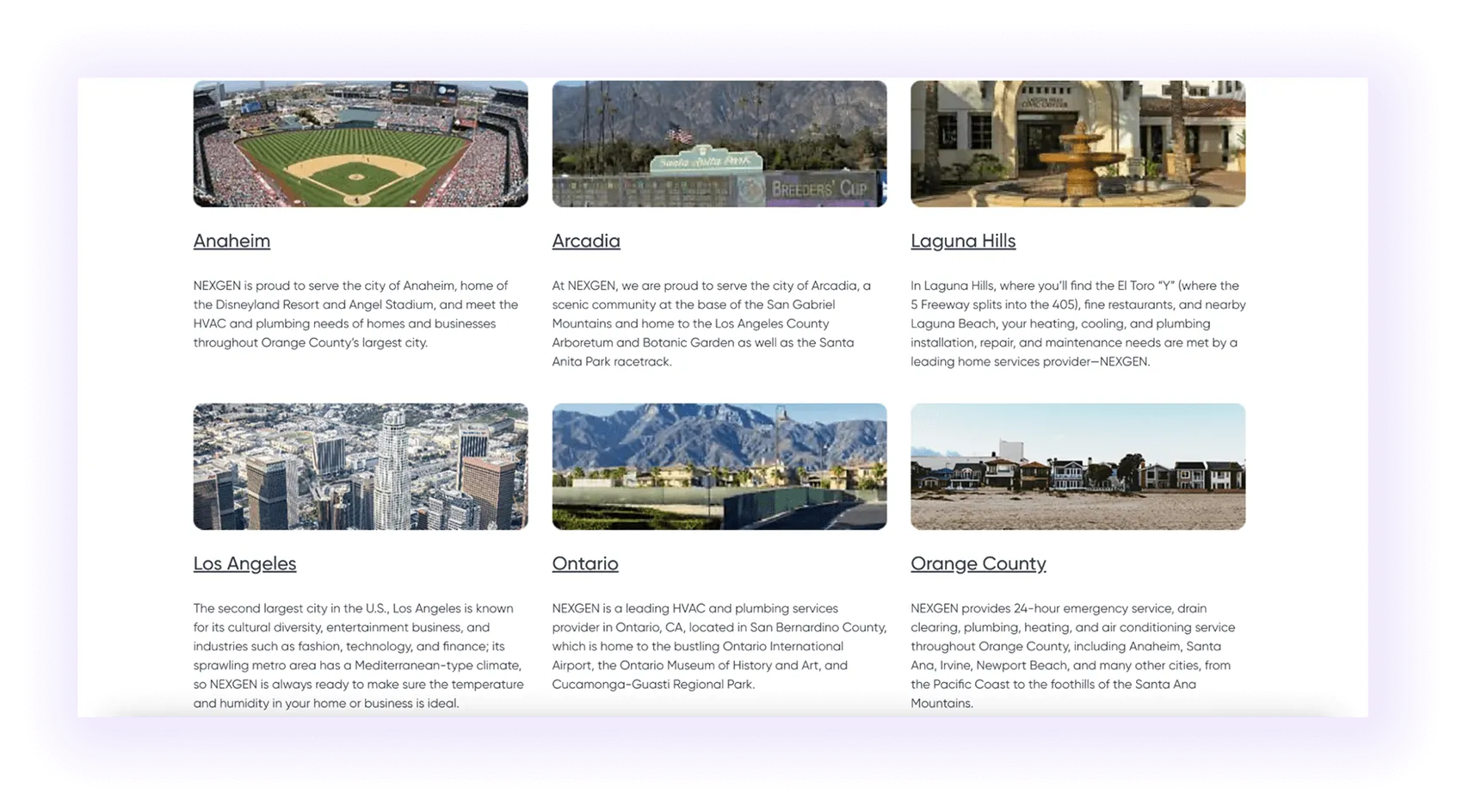 location hub page with links to local pages in a national hvac company website