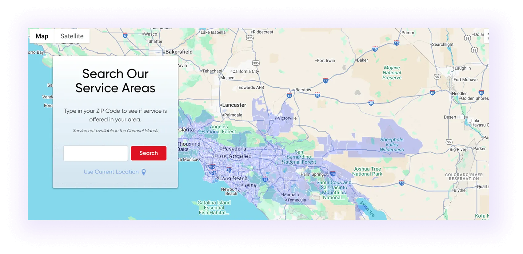 interactive map showing service locational in a national hvac company website