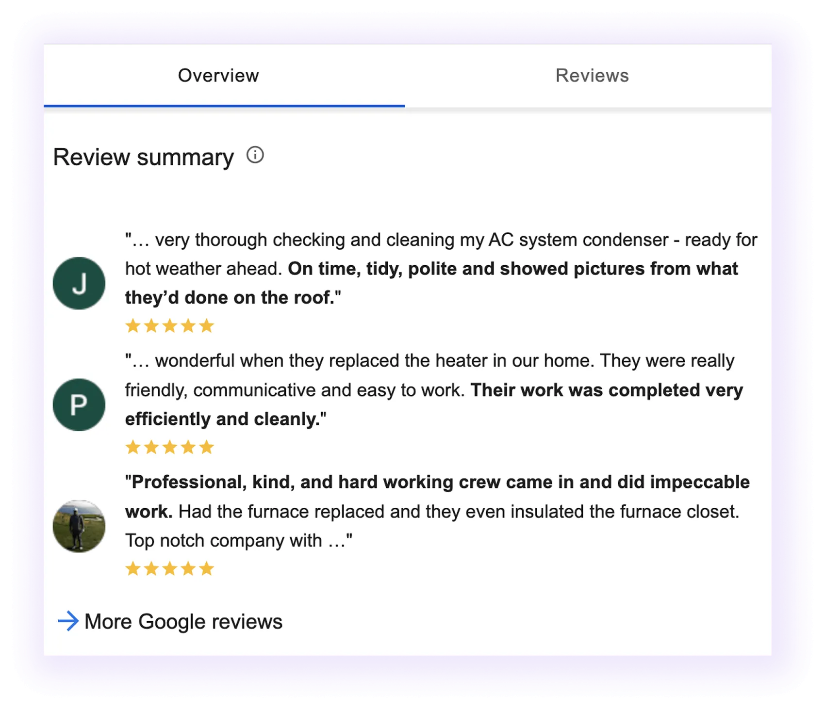 reviews section example for an hvac company GMB