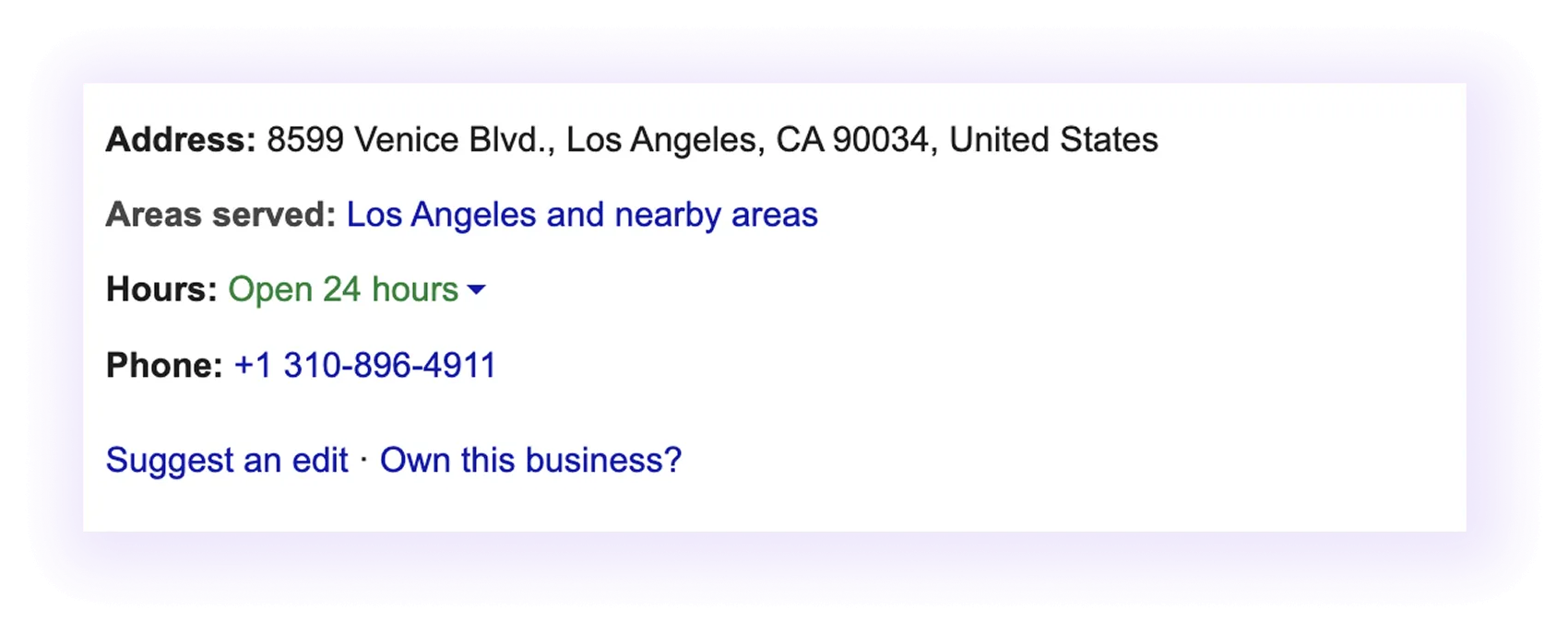 NAP section example for an hvac company GMB