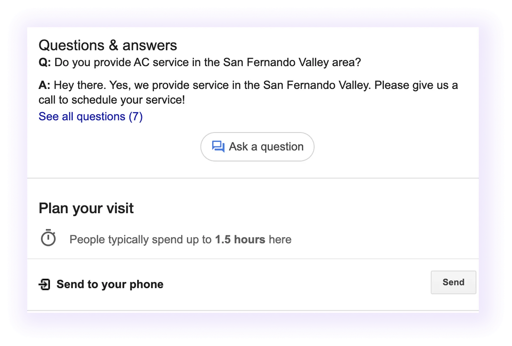 Q&A and visit time section example for an hvac company GMB