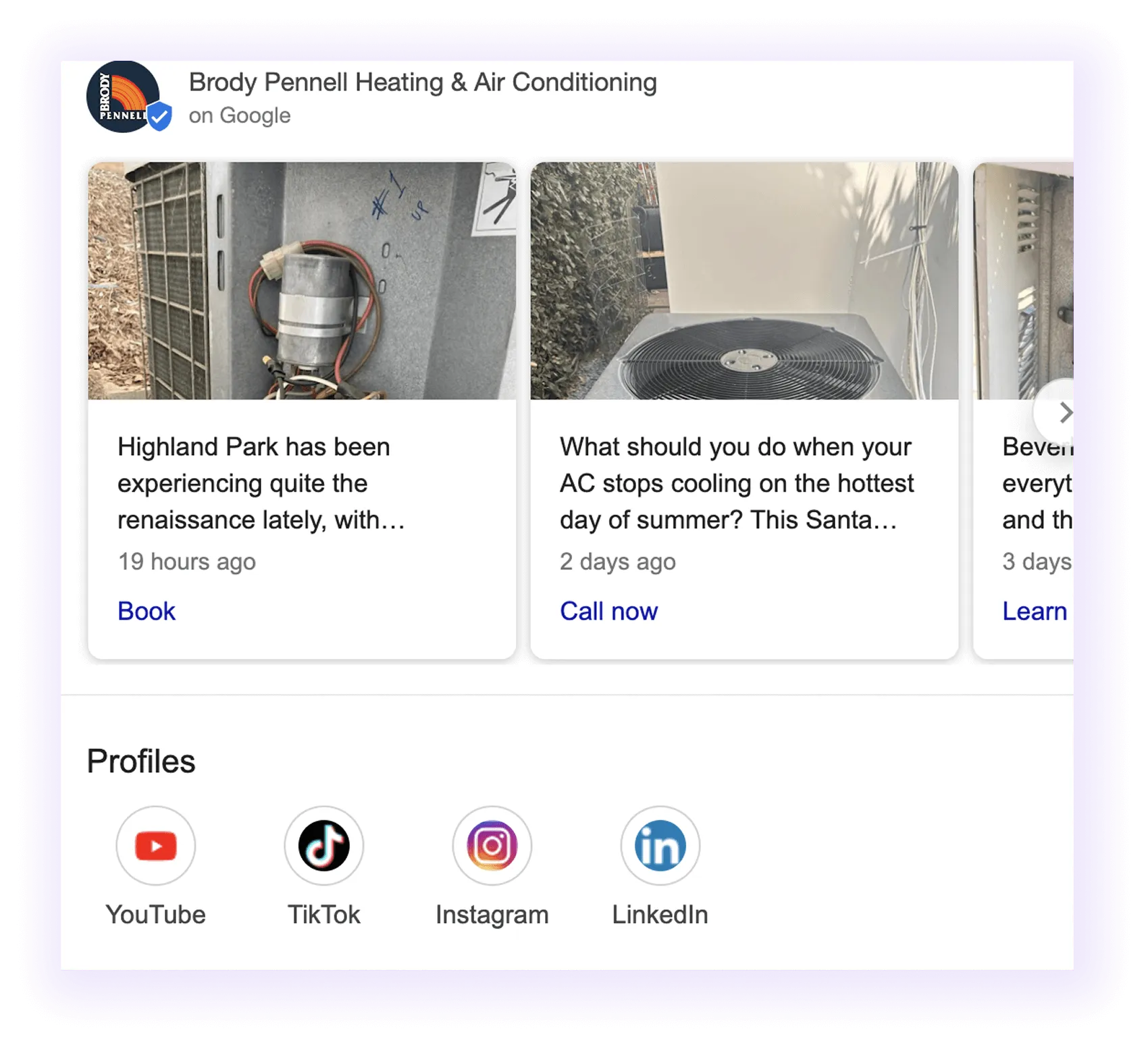 social media profile and featured posts sections example for an hvac company GMB