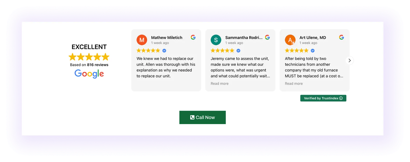 testimonials block on an hvac company website