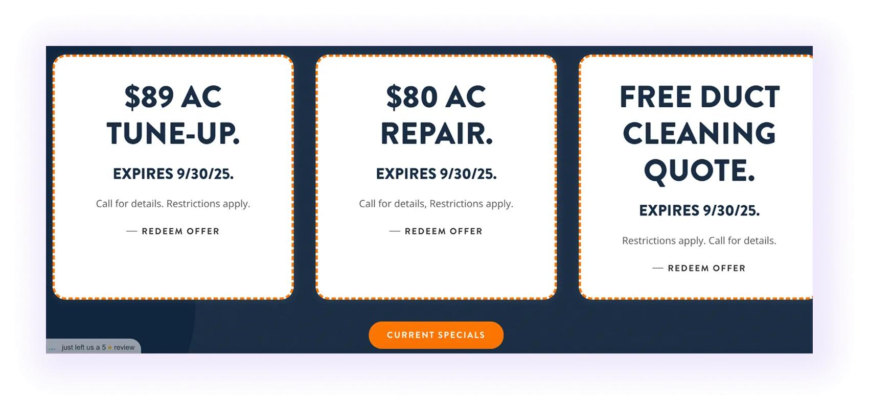 pricing block on an hvac company website