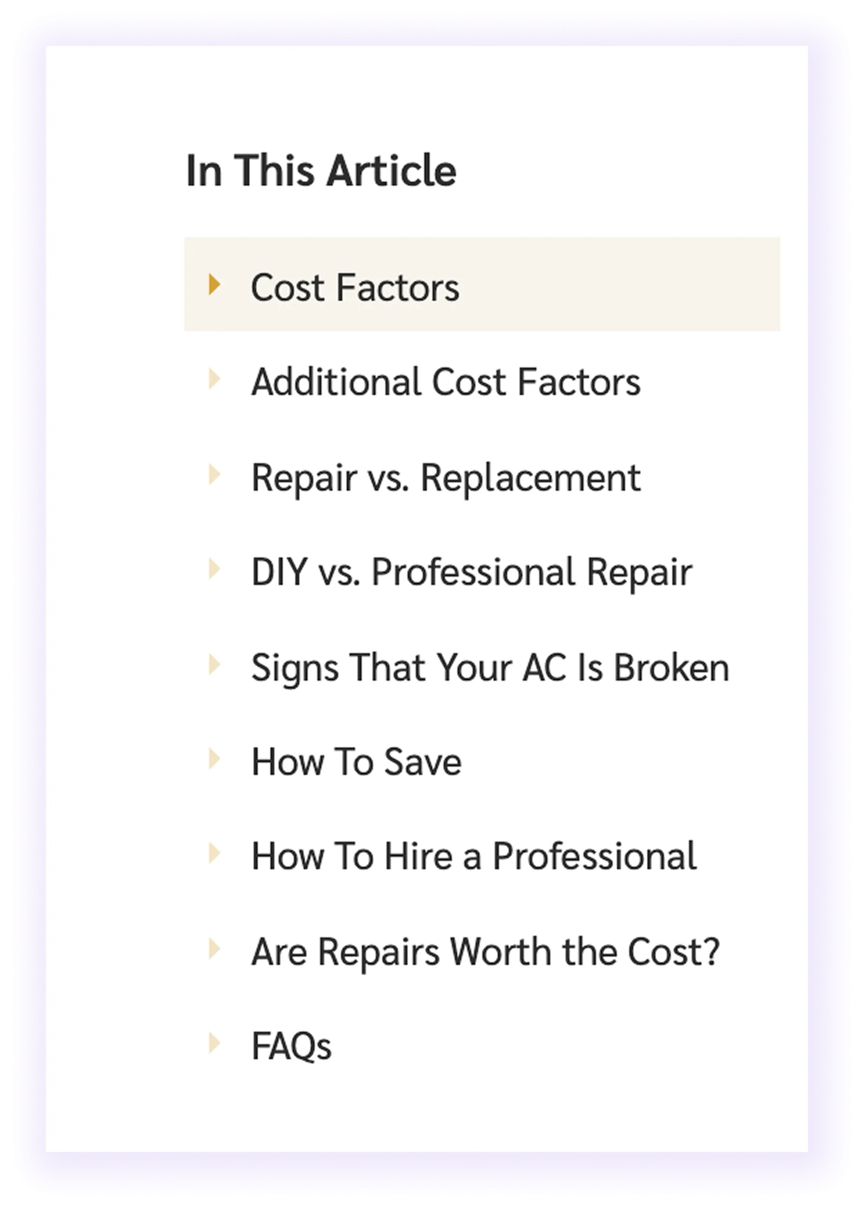table of contents for easy scanning/navigation on an hvac company website blog