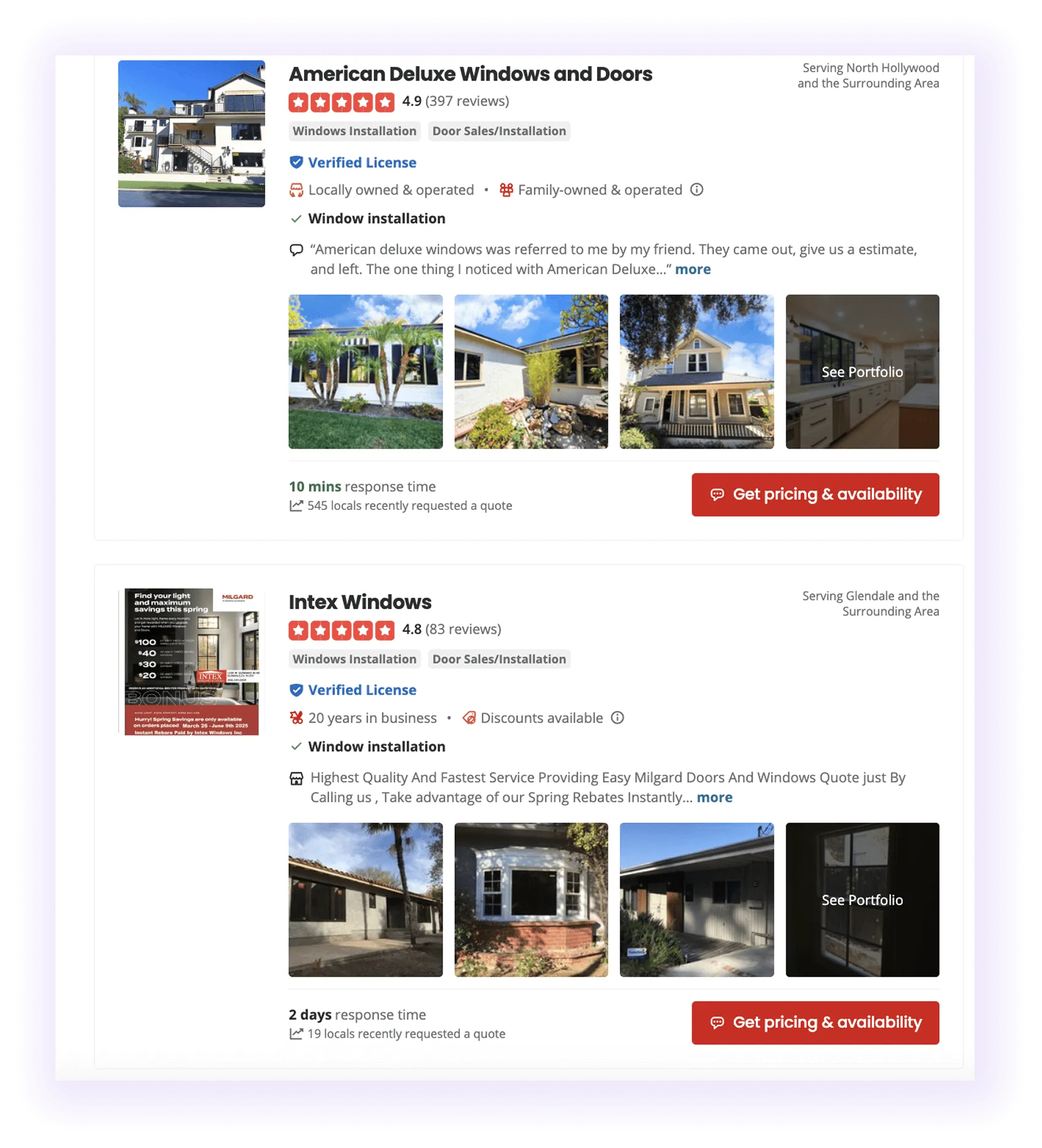 Yelp profile for window and door installation company