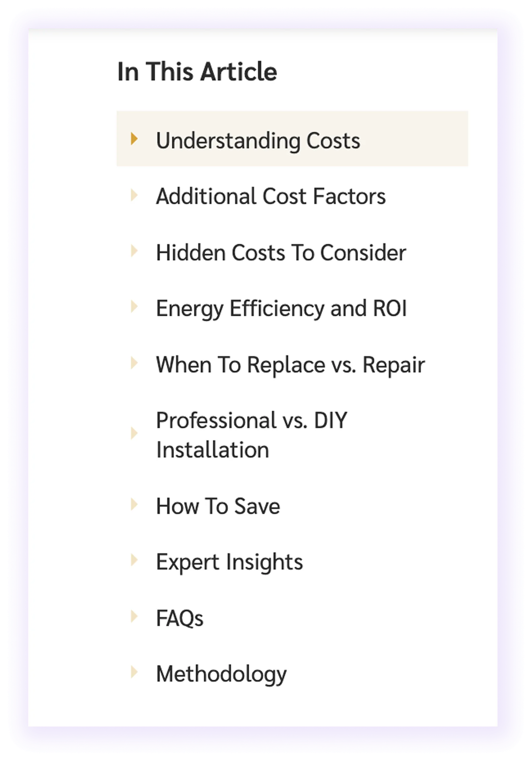 table of content for window and door installation website 
