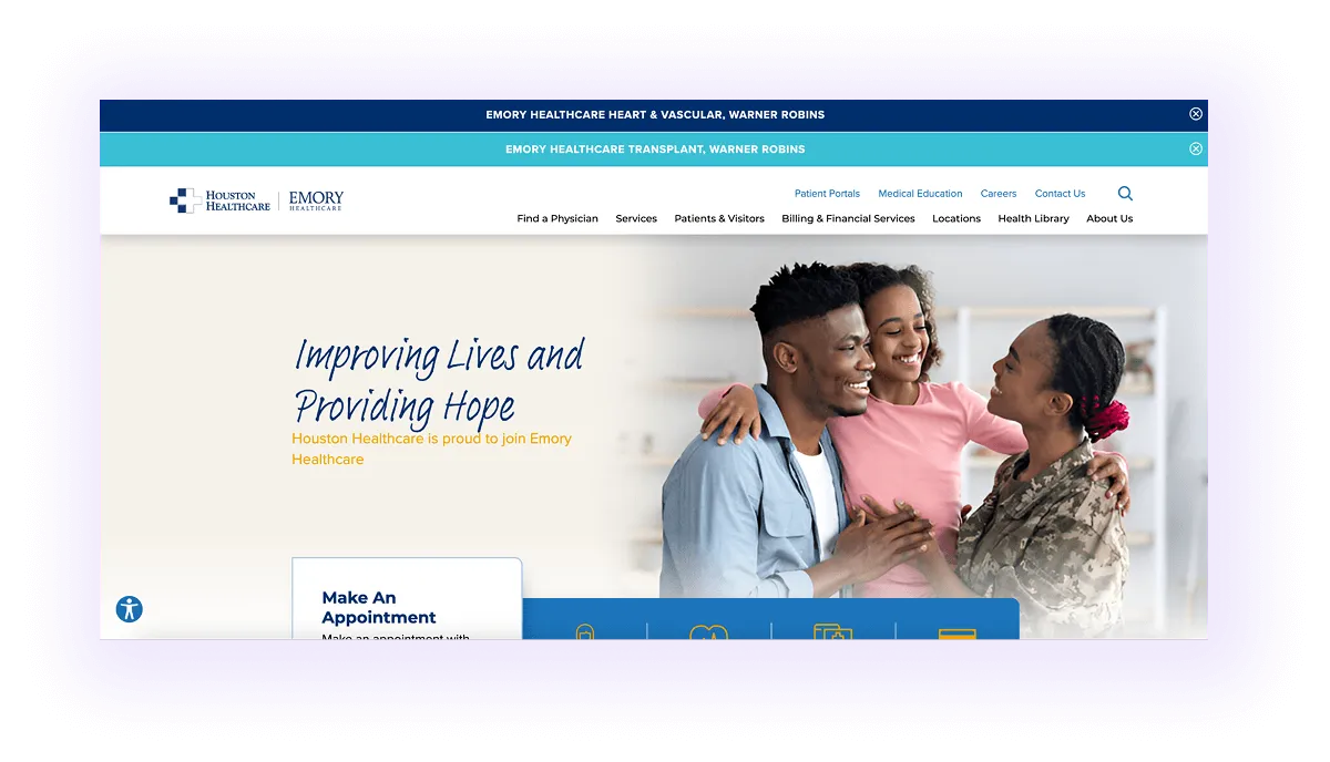 healthcare provider website hero and navigation bar example