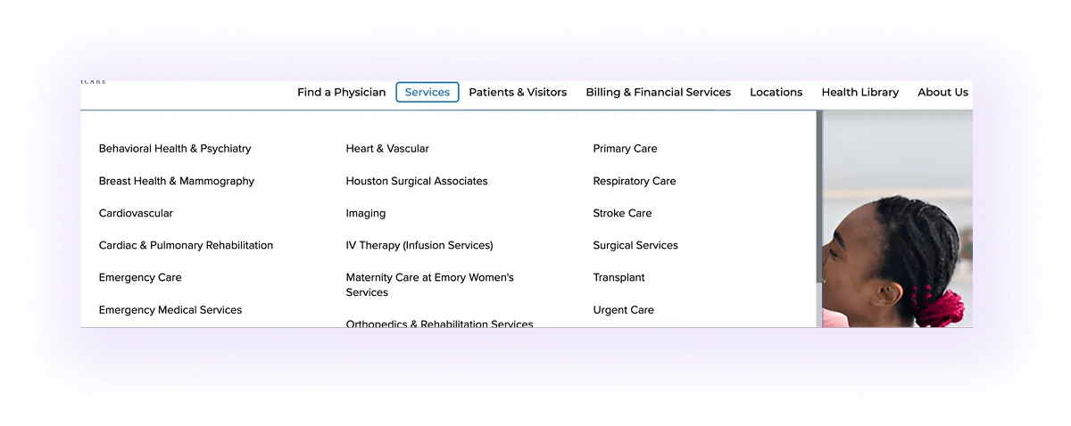 healthcare provider website navigation bar with one primary “services” tab listing all categories