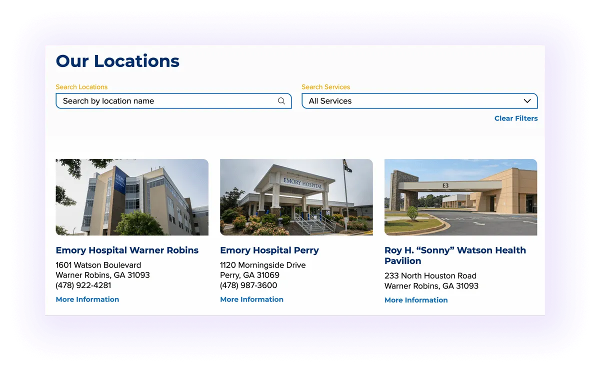 example of a location hub page in a healthcare website
