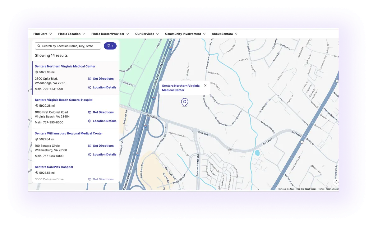 example of a location hub page on a multi-area healthcare provider website