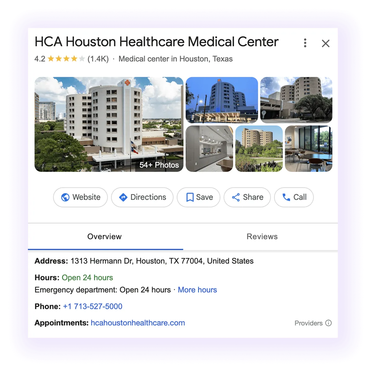 Google Business Profile overview and NAP example for a healthcare company GMB