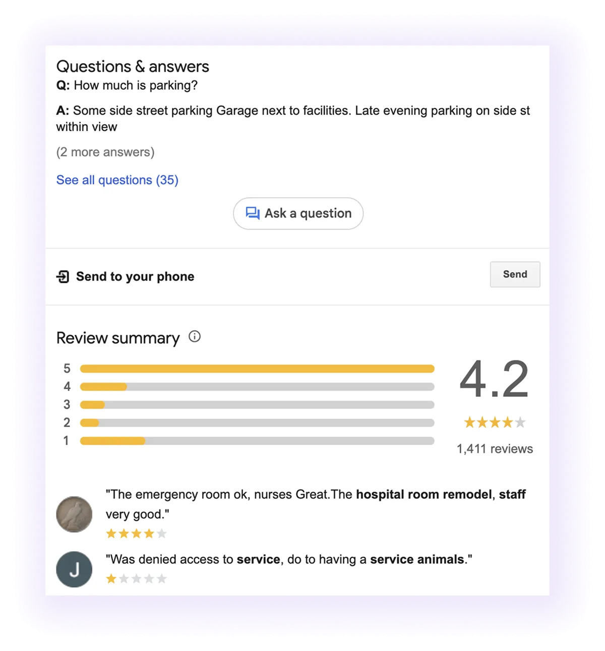 Q&A and review sections example for a healthcare company GMB