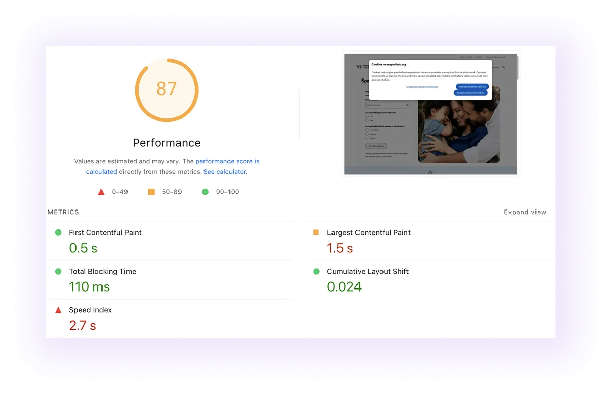 performance score and core web vitals of a healthcare company website
