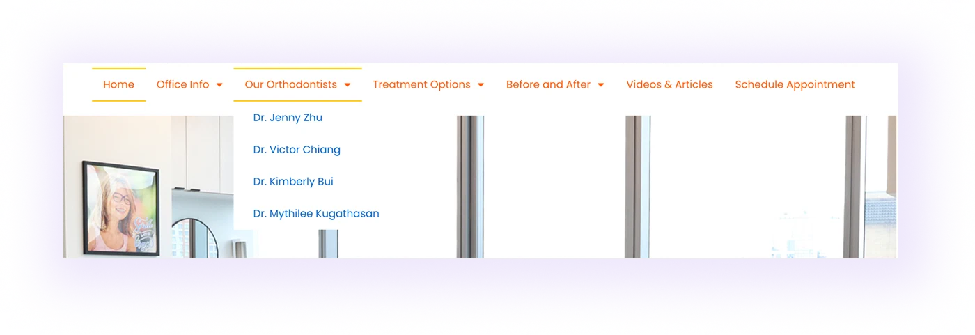 example of a dropdown in navigation menu of an orthodontic website leading to orthodontist profiles on
