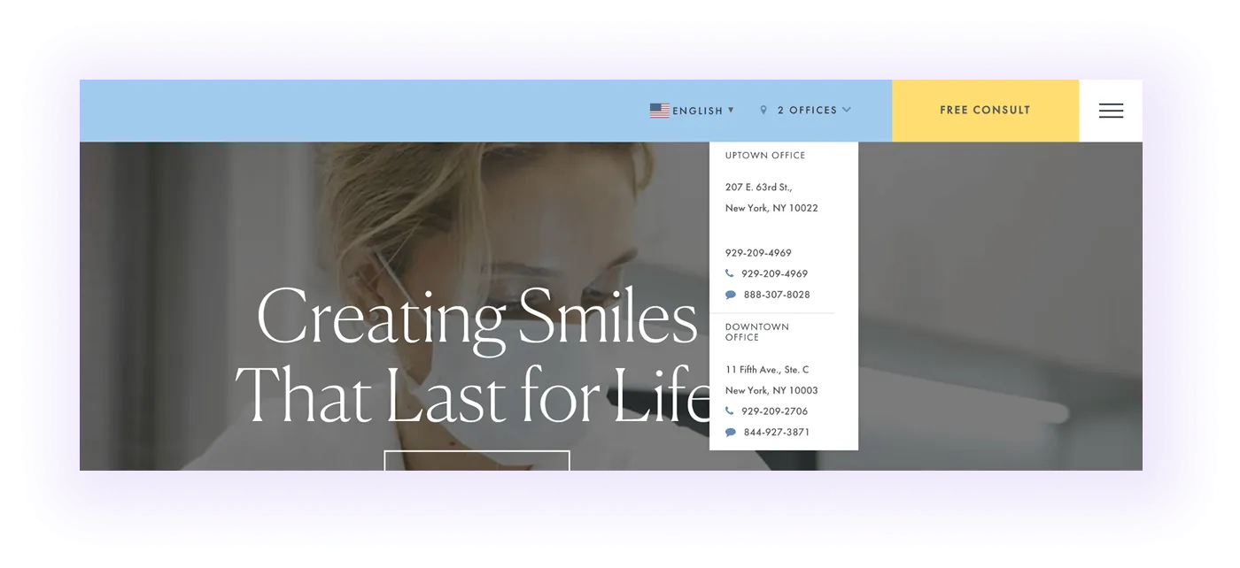 example of "offices" on navigation menu on an orthodontic clinic website