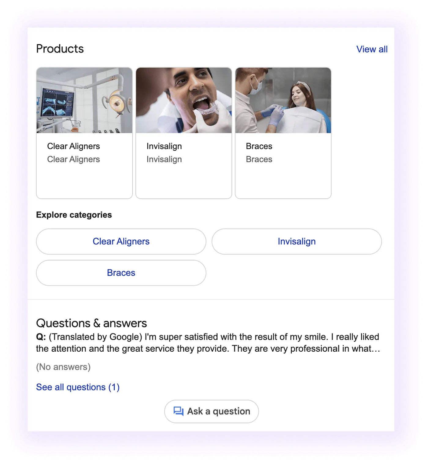 product, categories, and Q&A sections example for an orthodontic clinic GMB