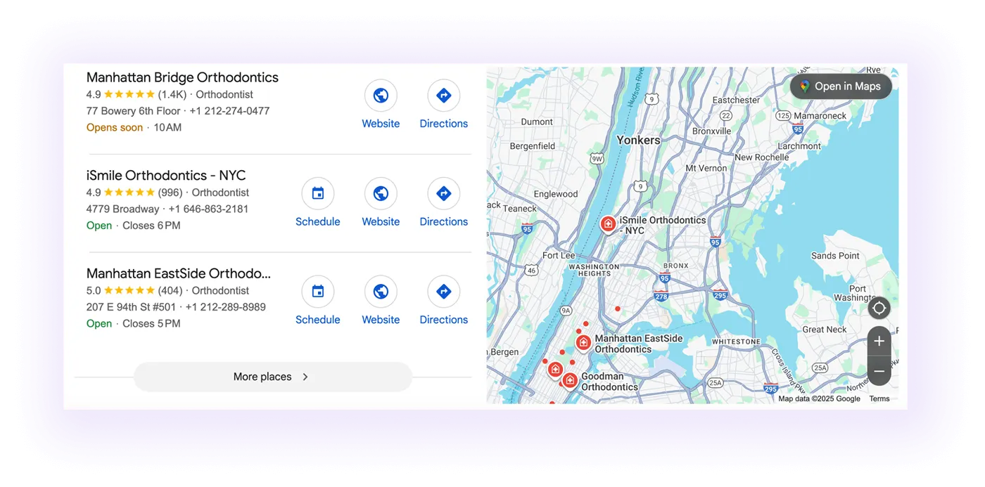 orthodontic clinics' Google Business Profiles showing up on Google Maps