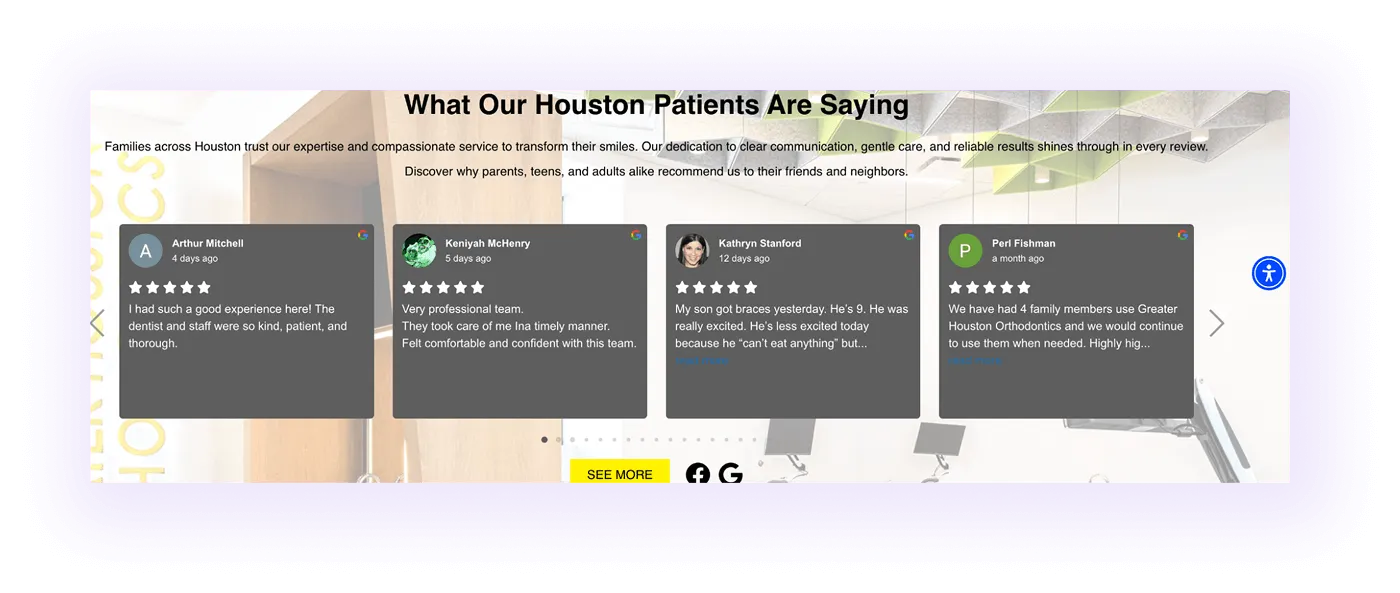 testimonials block on an orthodontic clinic website