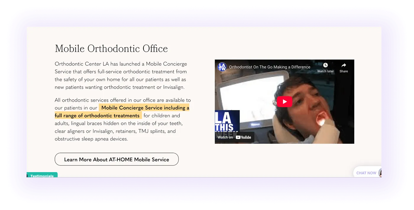 mobile orthodontic services block on an orthodontic clinic website