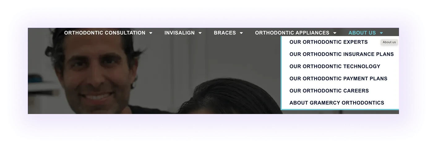 dropdown leading to payment plans, careers, and insurance details pages on an orthodontic clinic website
