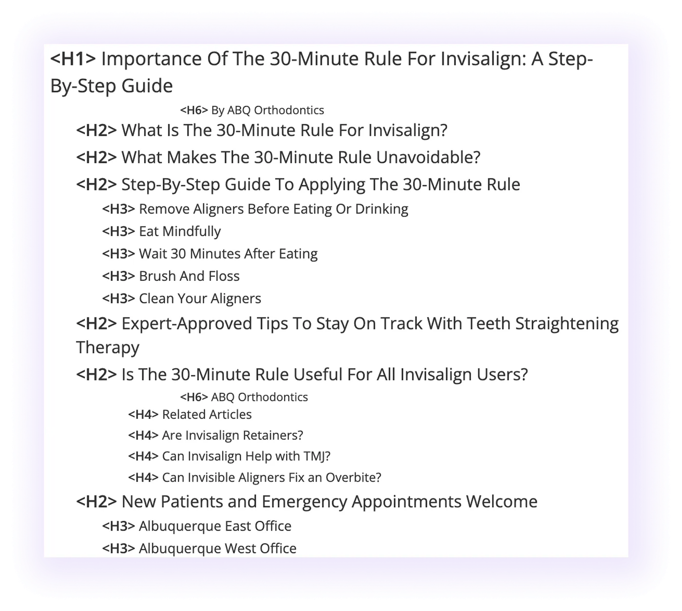 blog post heading structure in an orthodontic clinic website