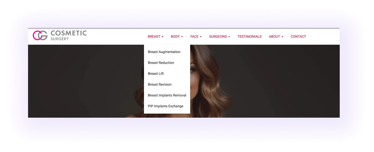 plastic surgeon website navigation bar with breast, face, and body categories
