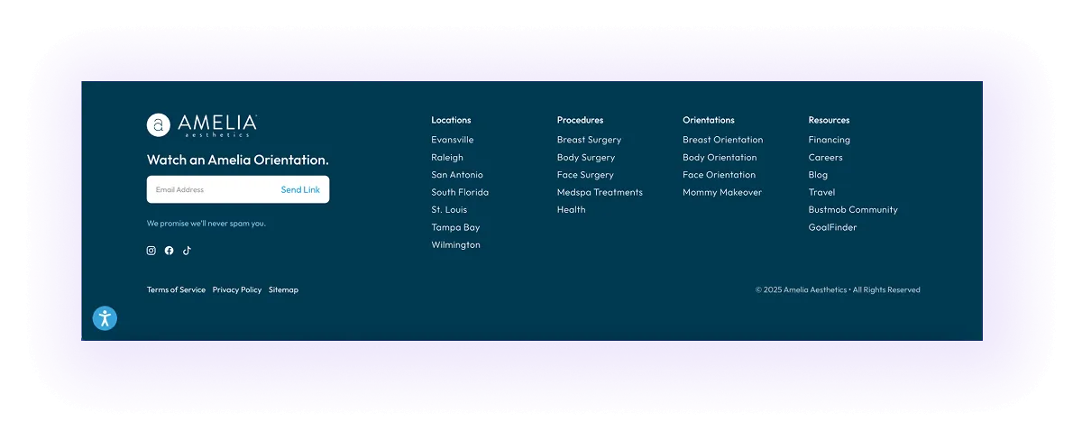 example of locations mentioned on the footer of a plastic surgeon website