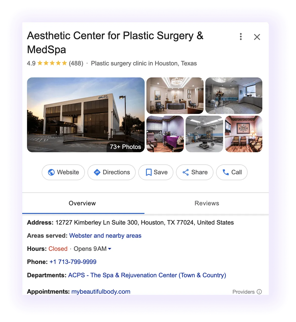 Google Business Profile overview and NAP example for a cosmetic surgeon GMB