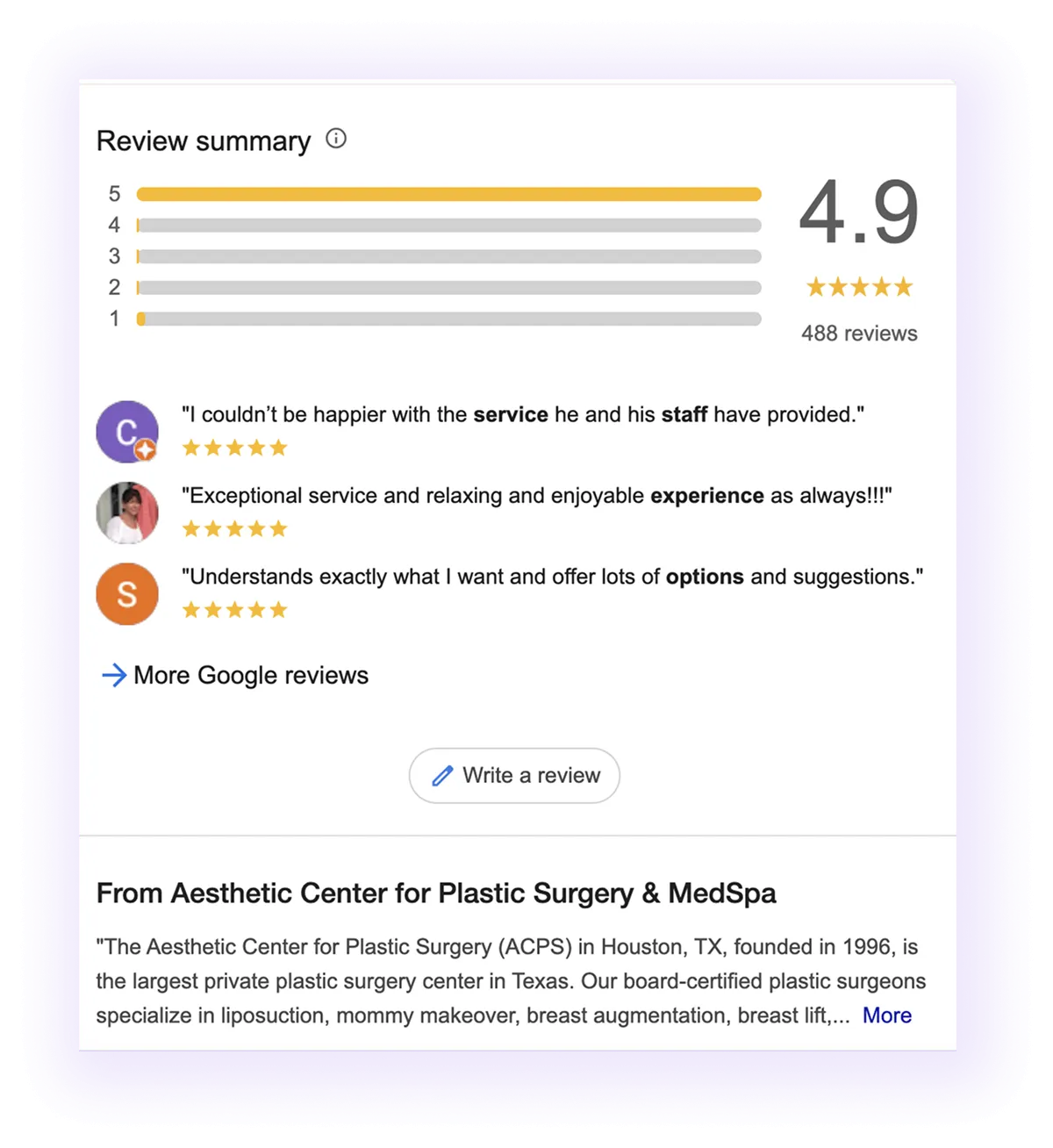 reviews and description sections example for a cosmetic surgeon GMB