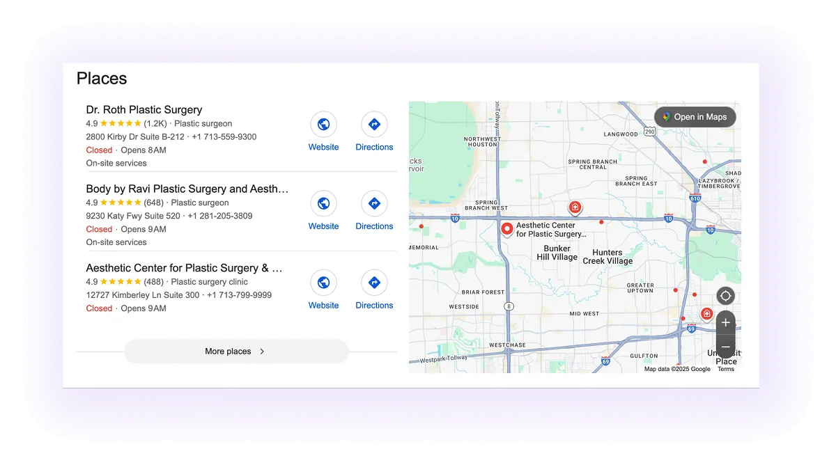 plastic surgeons' Google Business Profiles showing up on Google Maps