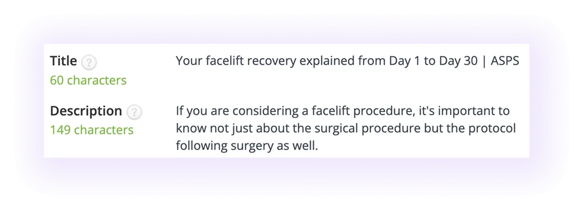 optimized meta title and meta description in a cosmetic surgeons' website blog