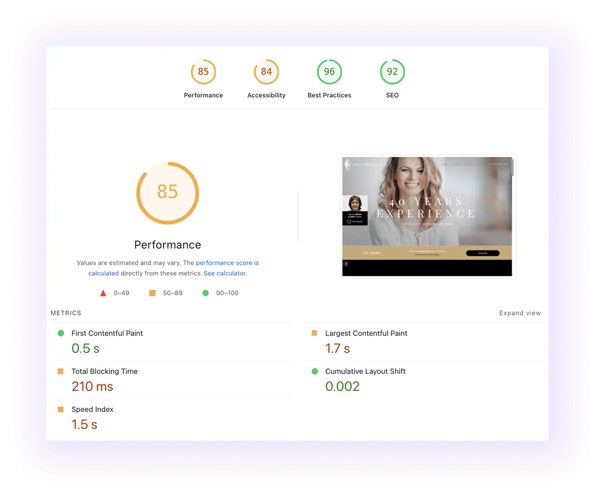 performance score and core web vitals of a plastic surgeons website