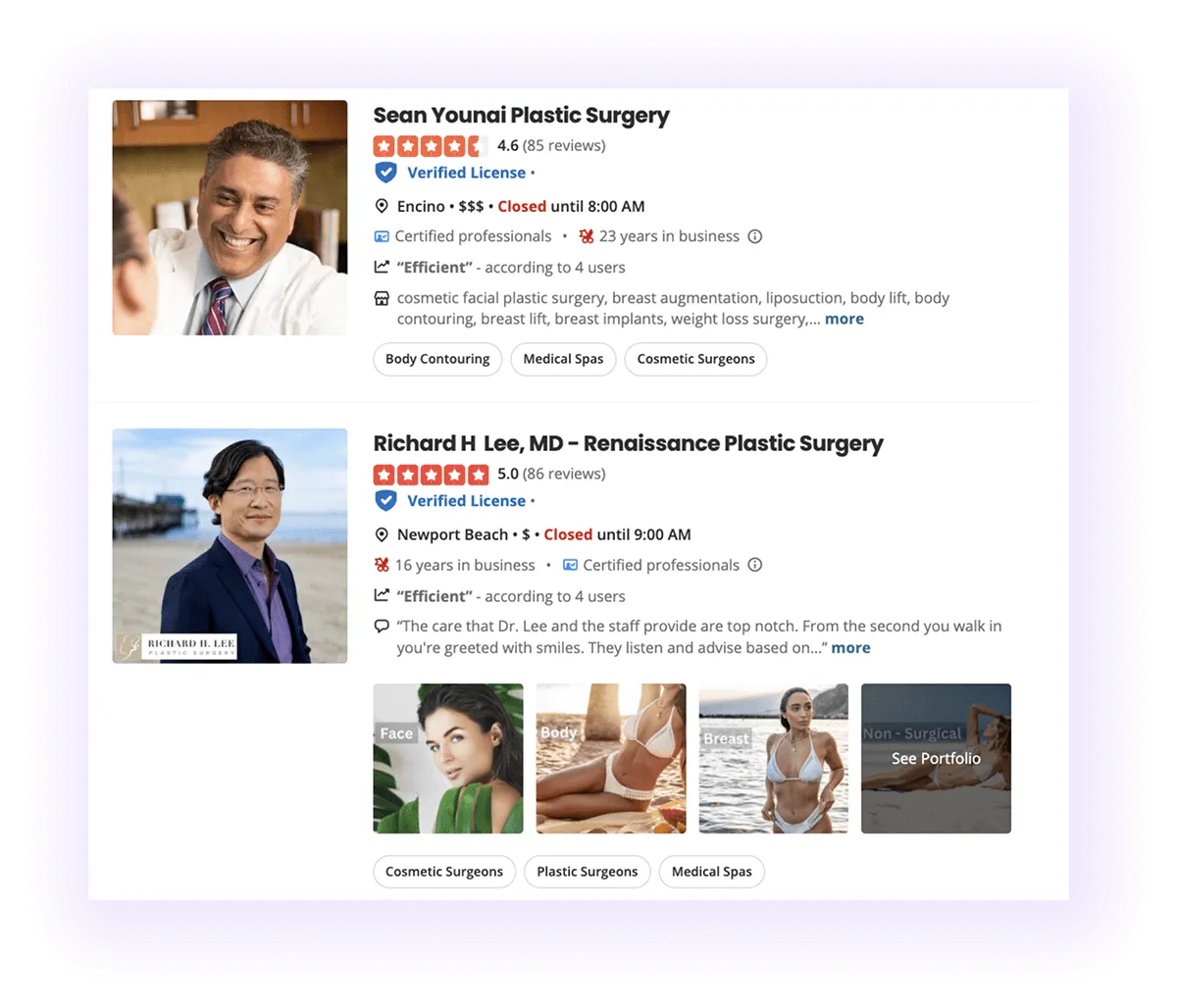 well-optimized plastic surgeons profiles on Yelp