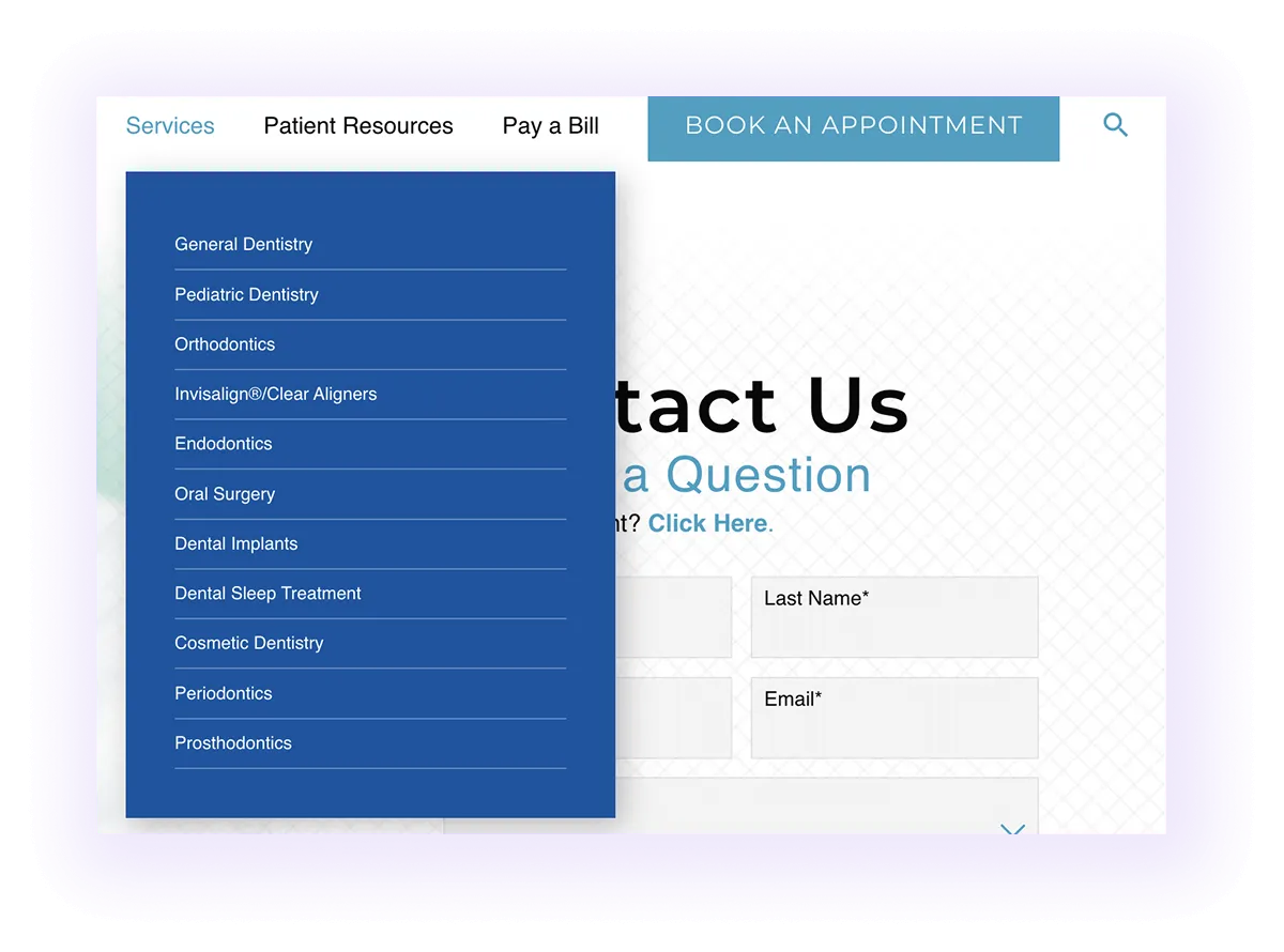 dental website navigation bar with dental services drop-down menu