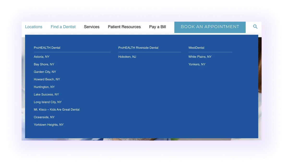 example of location pages linked in a header navigation bar on a dental website
