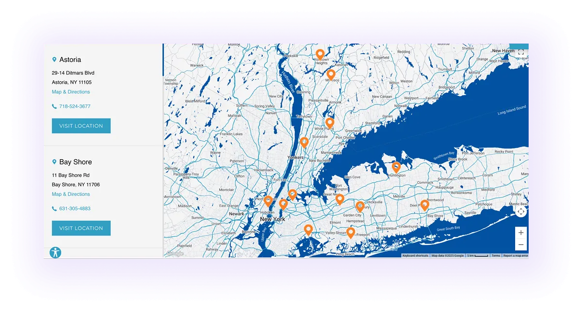 example of an interactive map on a multi-area dental website
