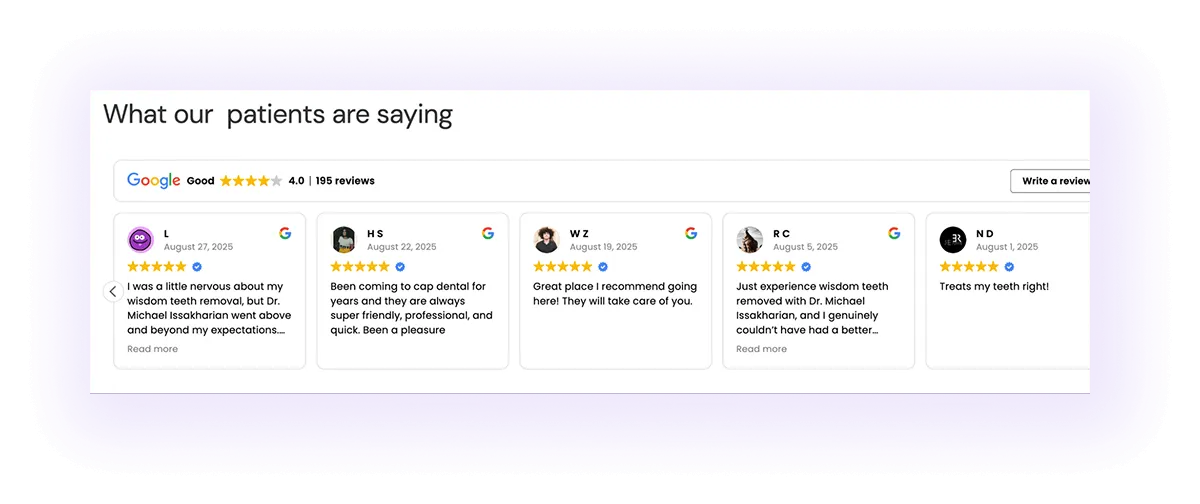 written testimonials block on a dental website