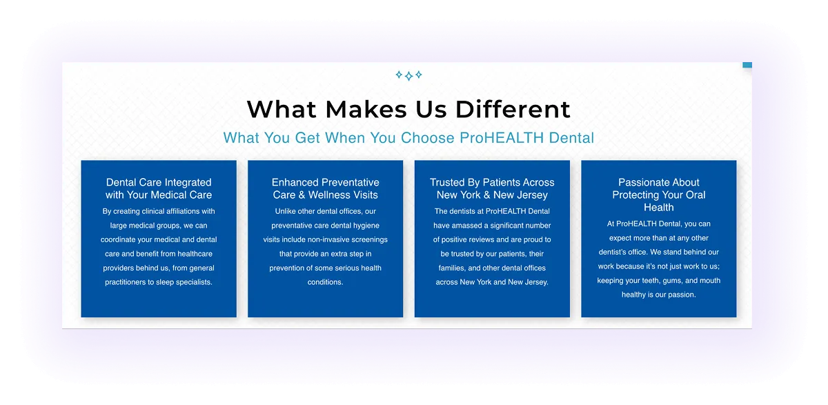 value propositions block on a dental website