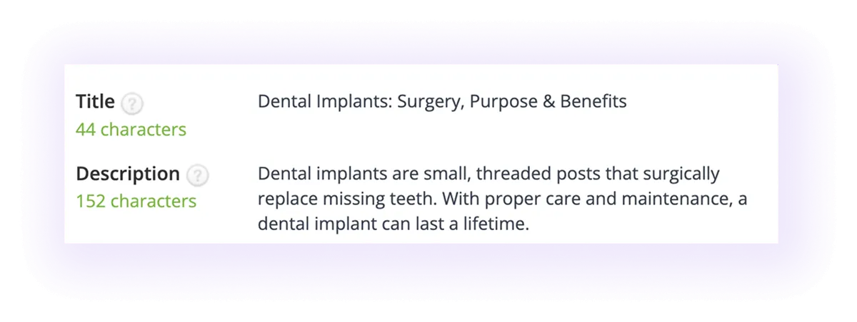 optimized meta title and meta description in a dental website blog