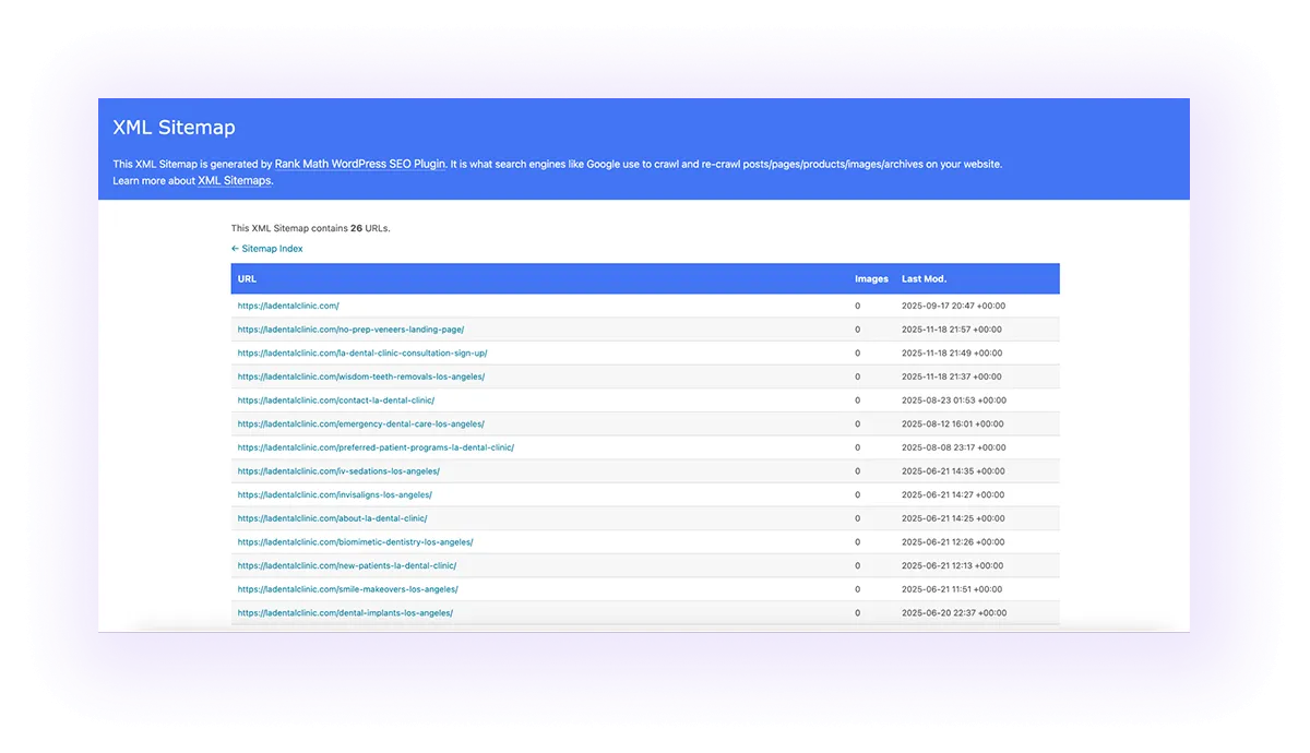 example of an optimized XML sitemap for a dental website