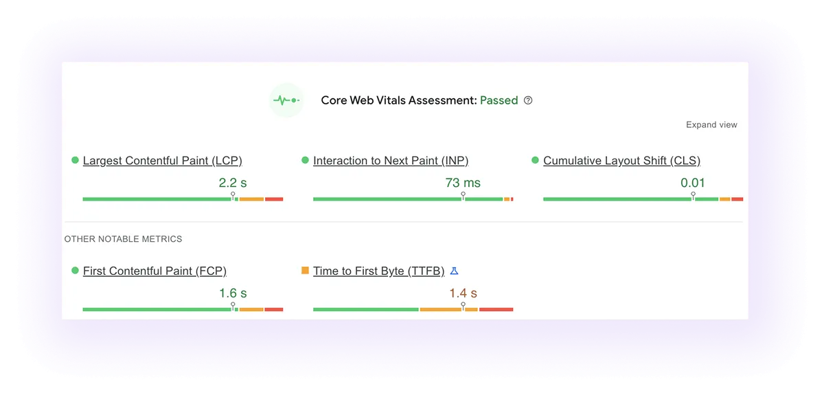 Core Web Vitals assessment passes result for a dental website