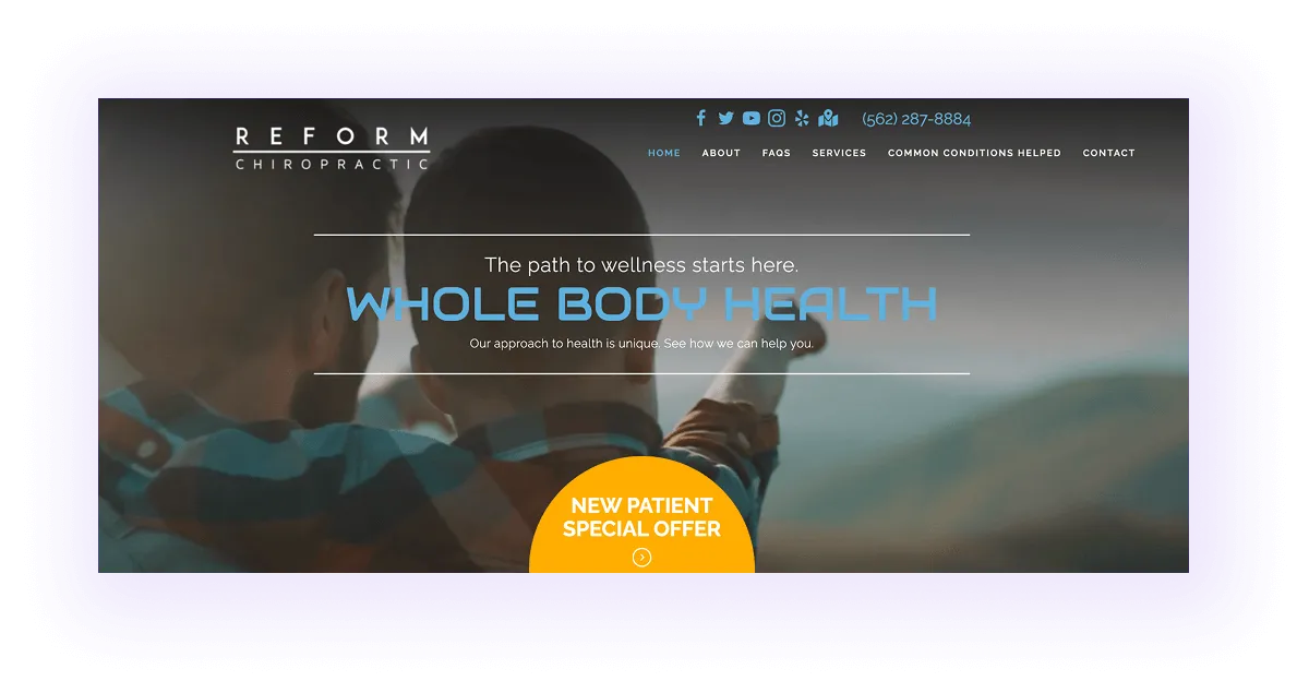 chiropractor website hero section and navigation bar example