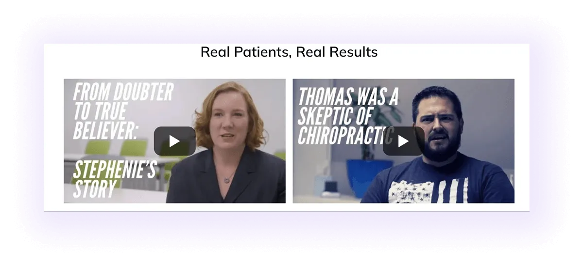video testimonials block on a chiropractor's website