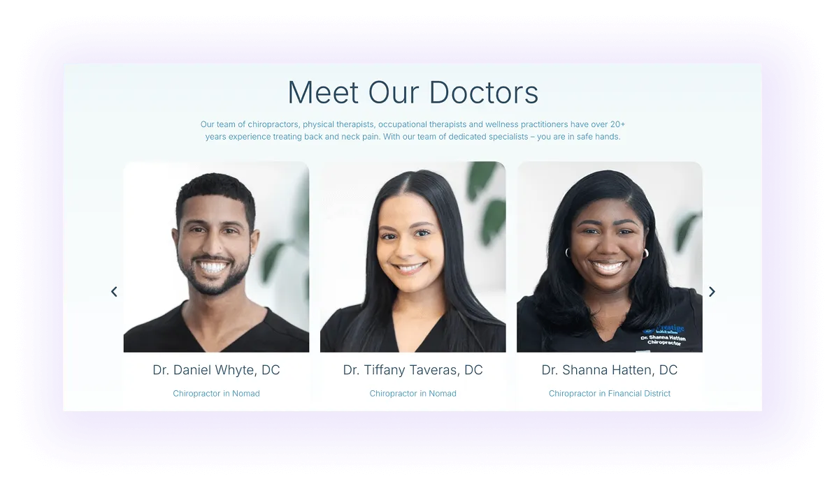 "Meet the doctors" block on a chiropractor's website